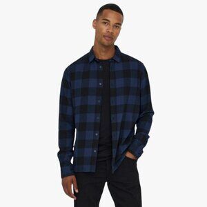 Only & Sons Men's Button Up Flannel Cotton Shirt Slim Blue Black Checkered Sz L